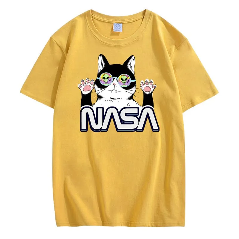 CORIRESHA Teen's NASA T-Shirt Casual Crewneck Short Sleeve Cute Cat Top