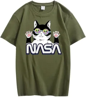 CORIRESHA Teen's NASA T-Shirt Casual Crewneck Short Sleeve Cute Cat Top