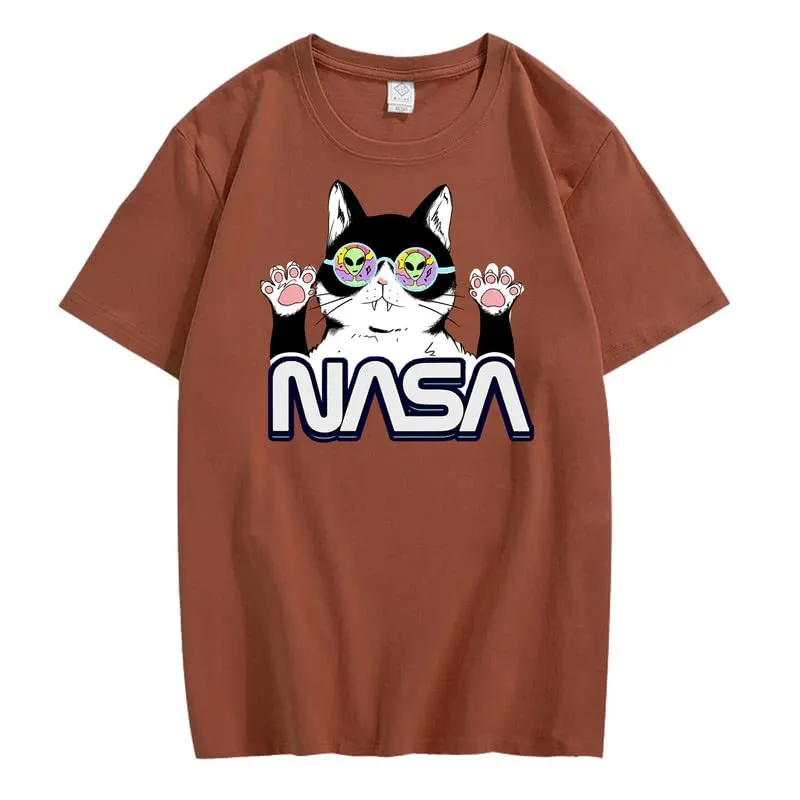 CORIRESHA Teen's NASA T-Shirt Casual Crewneck Short Sleeve Cute Cat Top