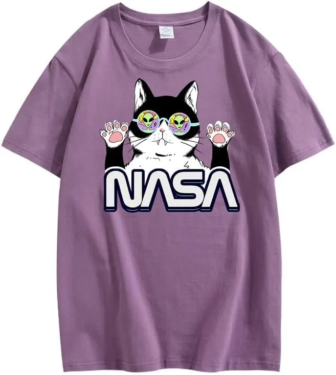 CORIRESHA Teen's NASA T-Shirt Casual Crewneck Short Sleeve Cute Cat Top