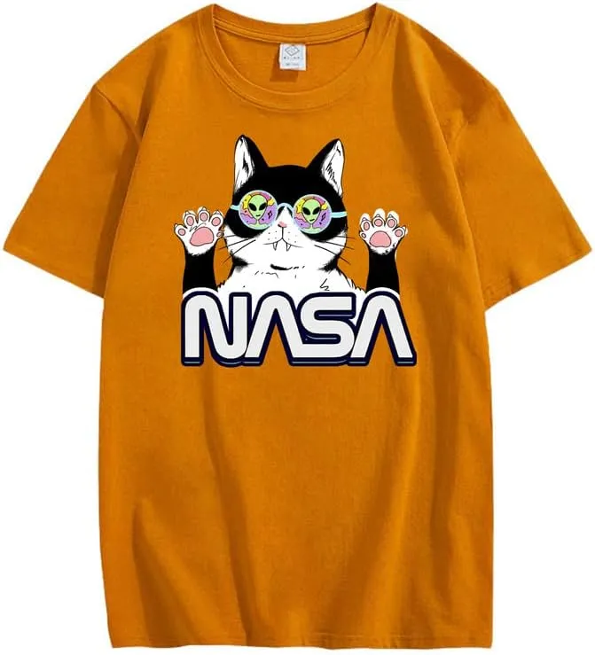 CORIRESHA Teen's NASA T-Shirt Casual Crewneck Short Sleeve Cute Cat Top