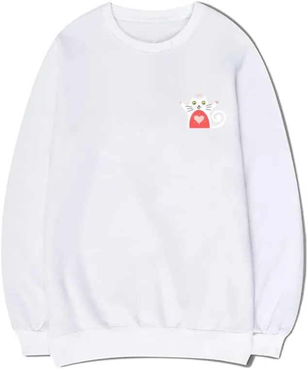 CORIRESHA Unisex Cat Lovers Heart Print Crewneck Long Sleeves Casual Sweatshirt