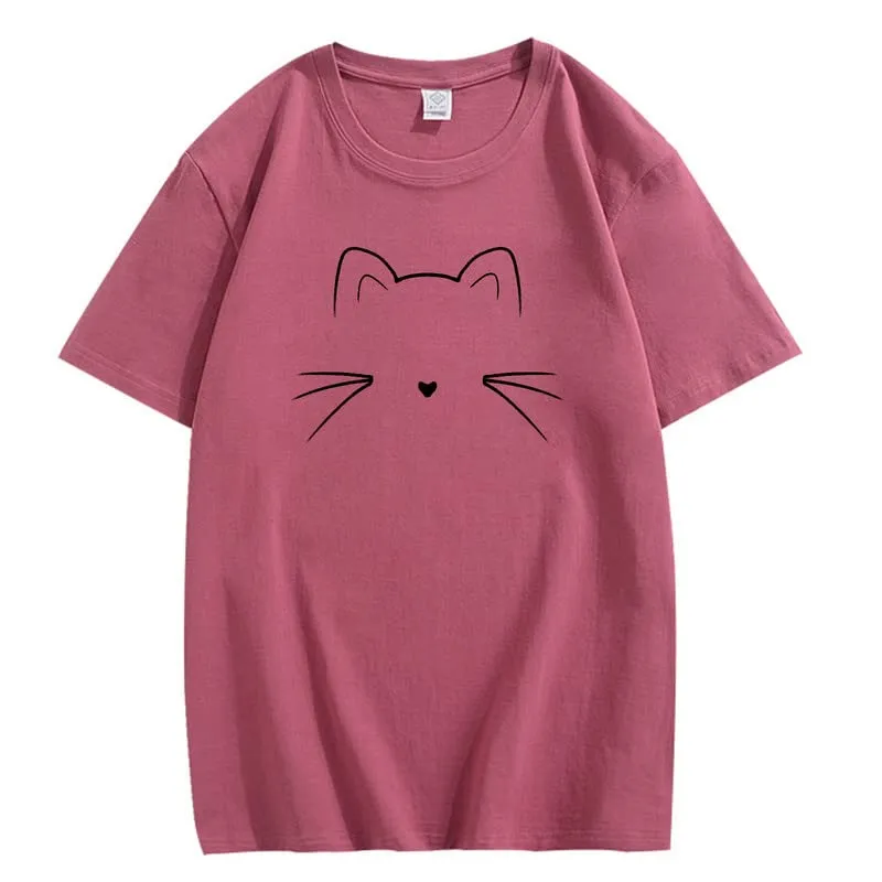 CORIRESHA Unisex Funny Cat Face Graphic T-Shirt Crew Neck Short Sleeve Summer Cute Tops