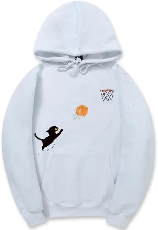 CORIRESHA Women's Cute Cat Basketball Hoodie Long Sleeve Drawstring Pocket Cotton Casual Sweatshirt