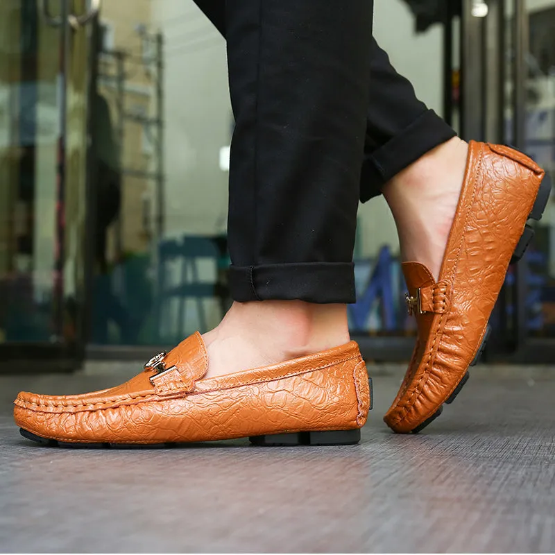 Croco Embossed PU Leather Men Moccasins Shoes with Cross Buckle Detail