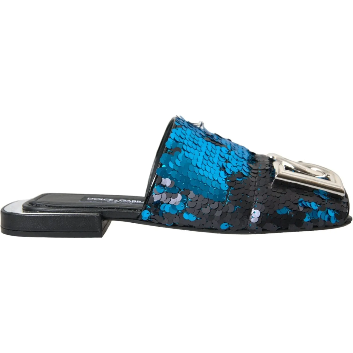 Dolce & Gabbana Blue Sequin Logo Slides Sandals Shoes