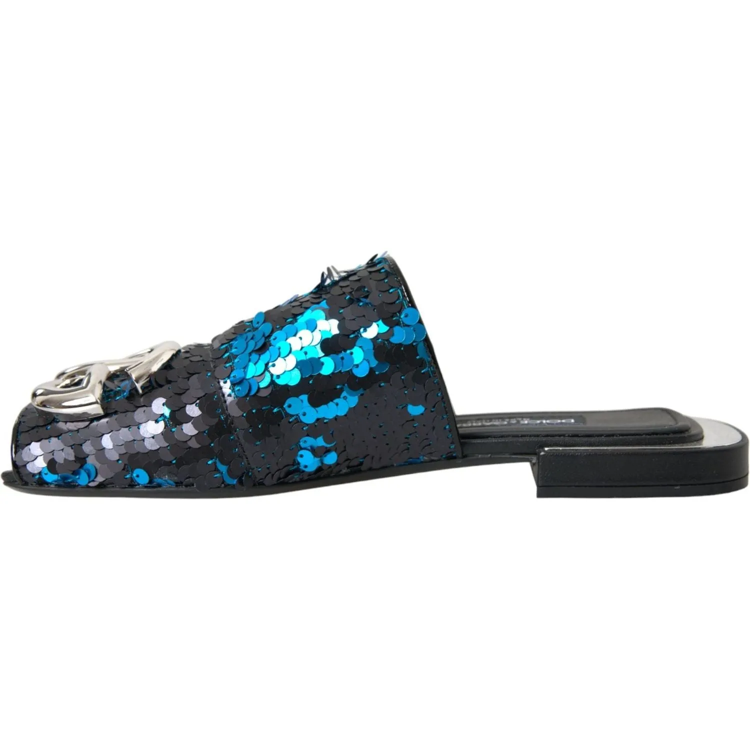 Dolce & Gabbana Blue Sequin Logo Slides Sandals Shoes