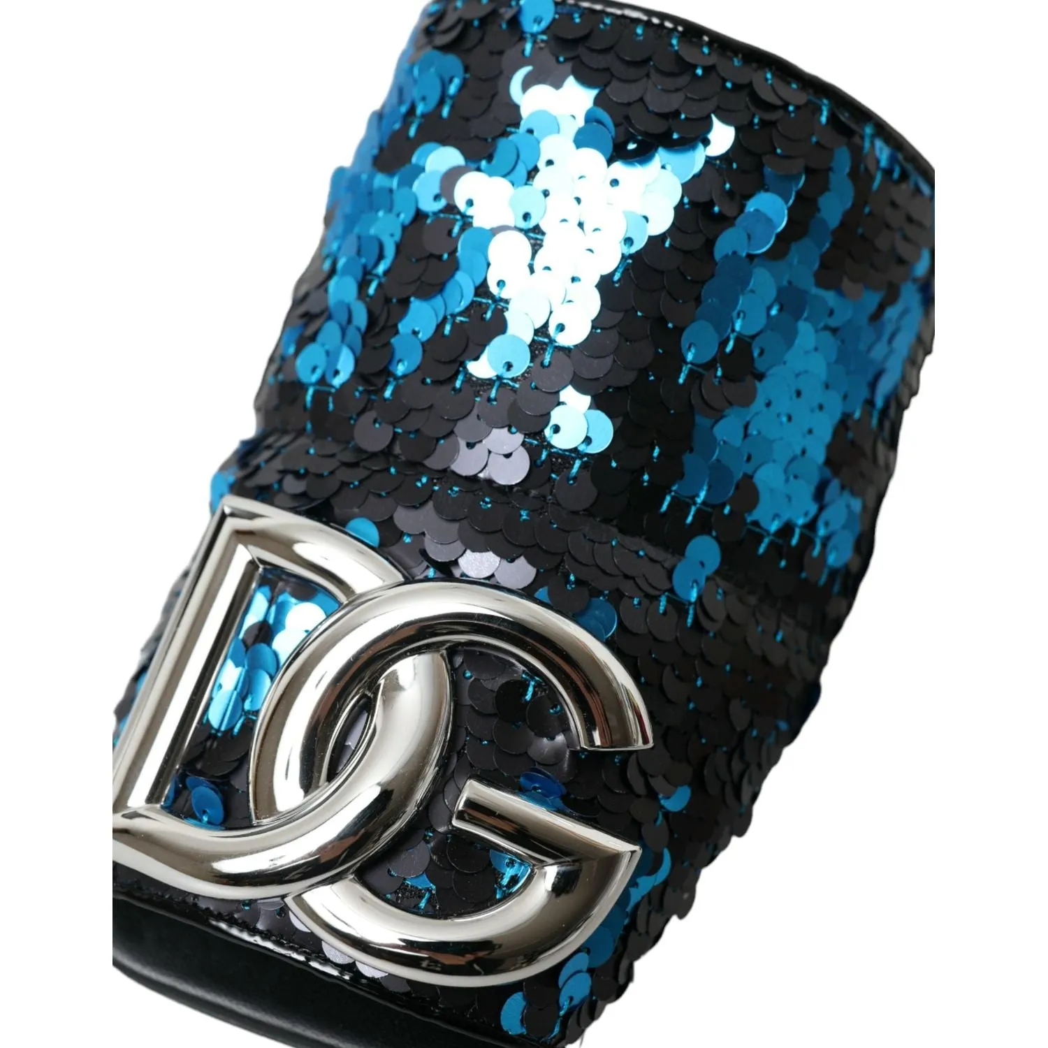 Dolce & Gabbana Blue Sequin Logo Slides Sandals Shoes