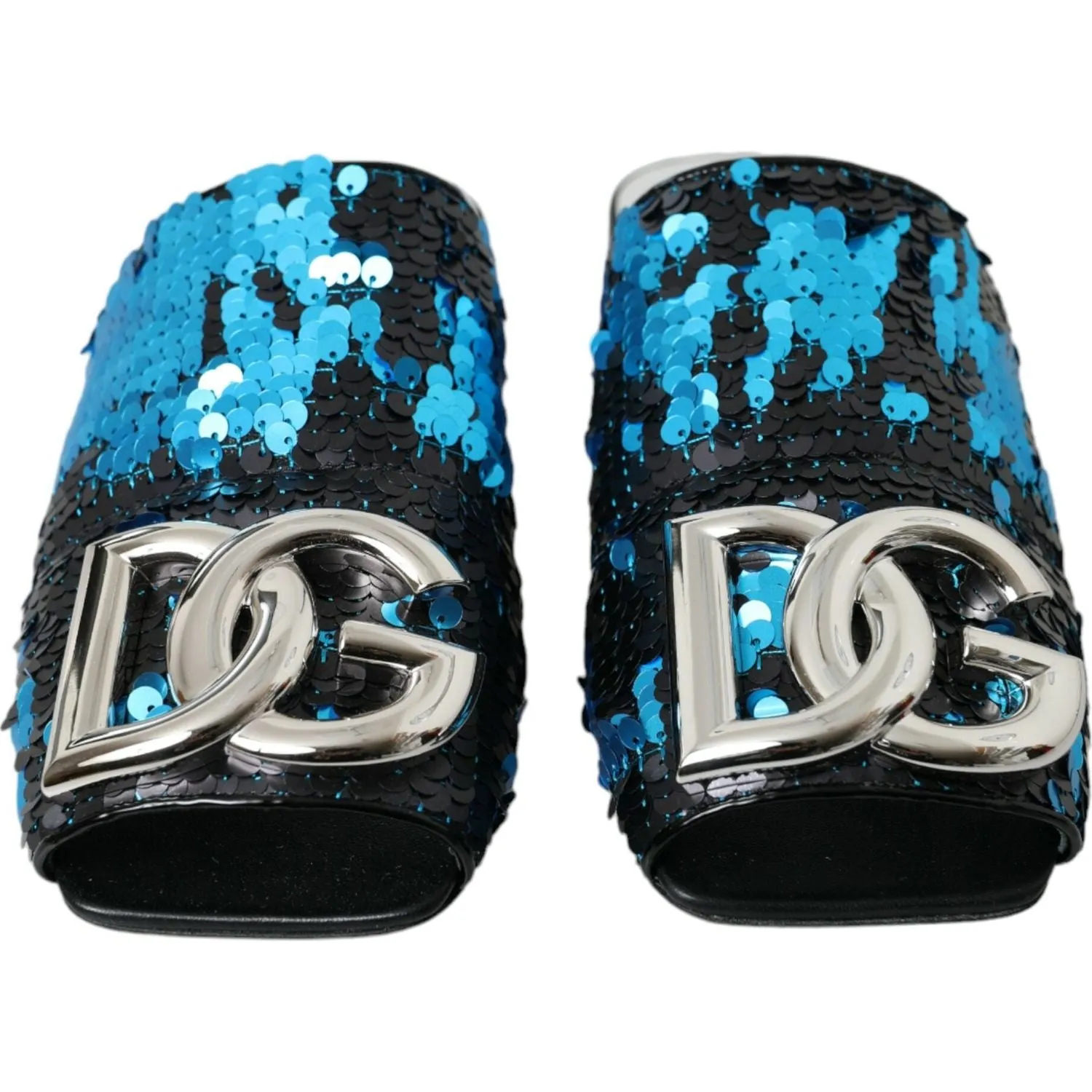 Dolce & Gabbana Blue Sequin Logo Slides Sandals Shoes