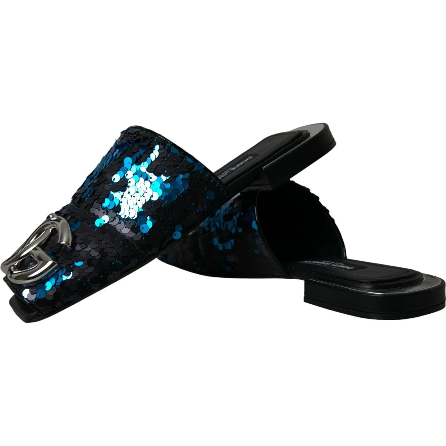 Dolce & Gabbana Blue Sequin Logo Slides Sandals Shoes