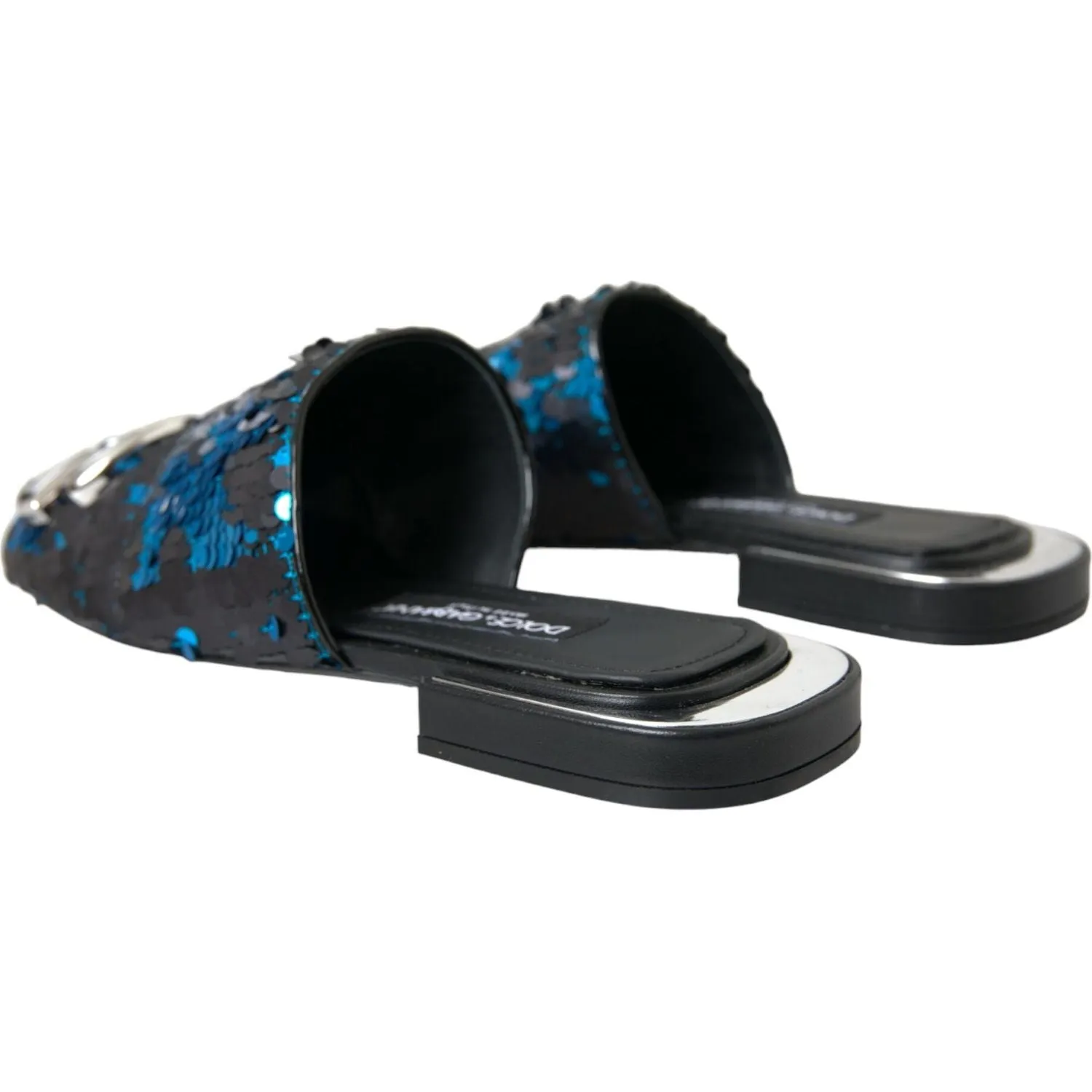 Dolce & Gabbana Blue Sequin Logo Slides Sandals Shoes