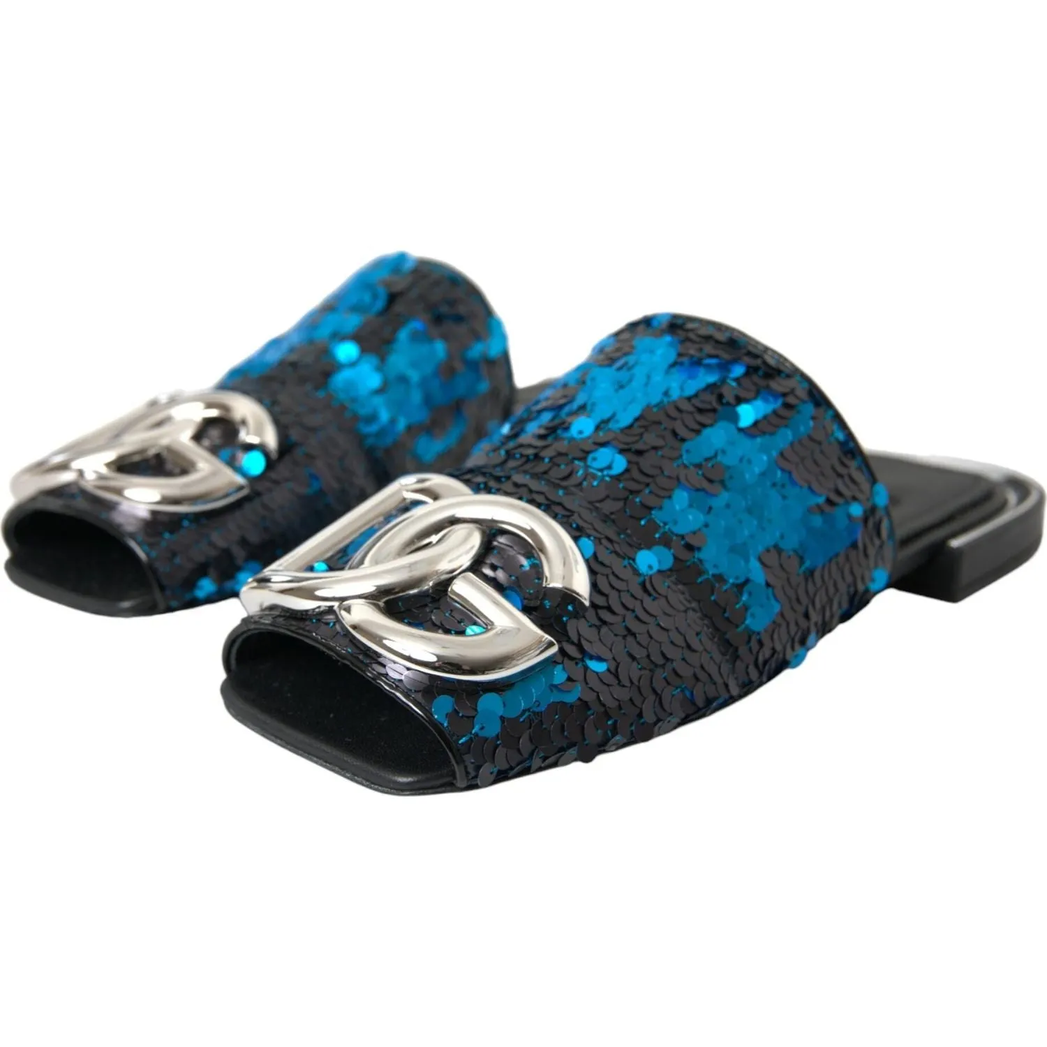 Dolce & Gabbana Blue Sequin Logo Slides Sandals Shoes