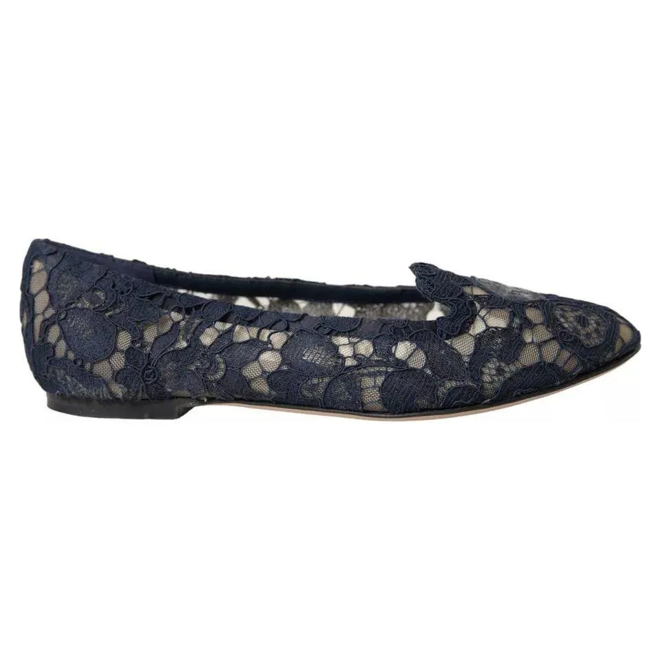 Dolce & Gabbana Dark Blue Taormina Lace Slip On Flats Shoes