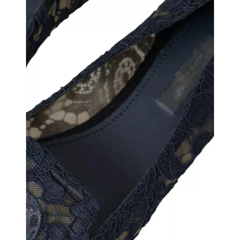 Dolce & Gabbana Dark Blue Taormina Lace Slip On Flats Shoes