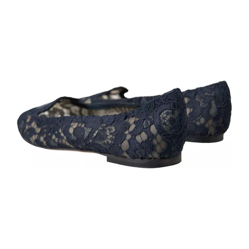 Dolce & Gabbana Dark Blue Taormina Lace Slip On Flats Shoes