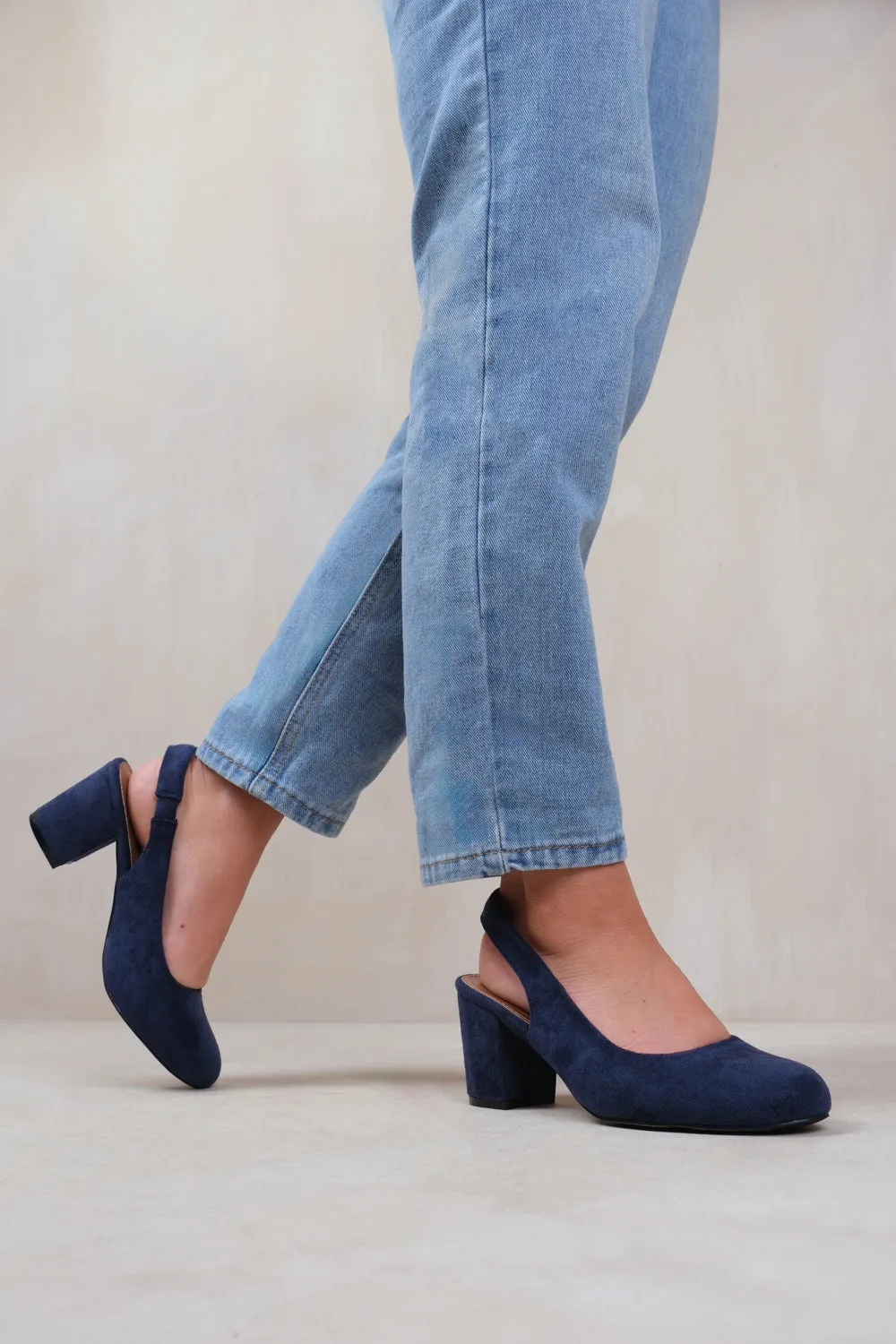 EDITH BLOCK HEEL SLINGBACK SHOES IN NAVY SUEDE