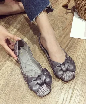 Elegant Grey Bow Pleated Penny Loafers Flats Shoes