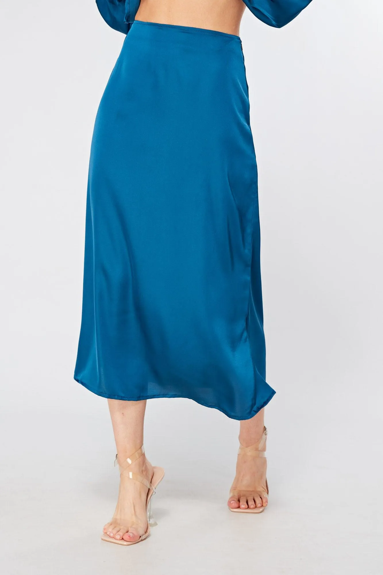 Elisa Blue Satin Flare Midi Skirt