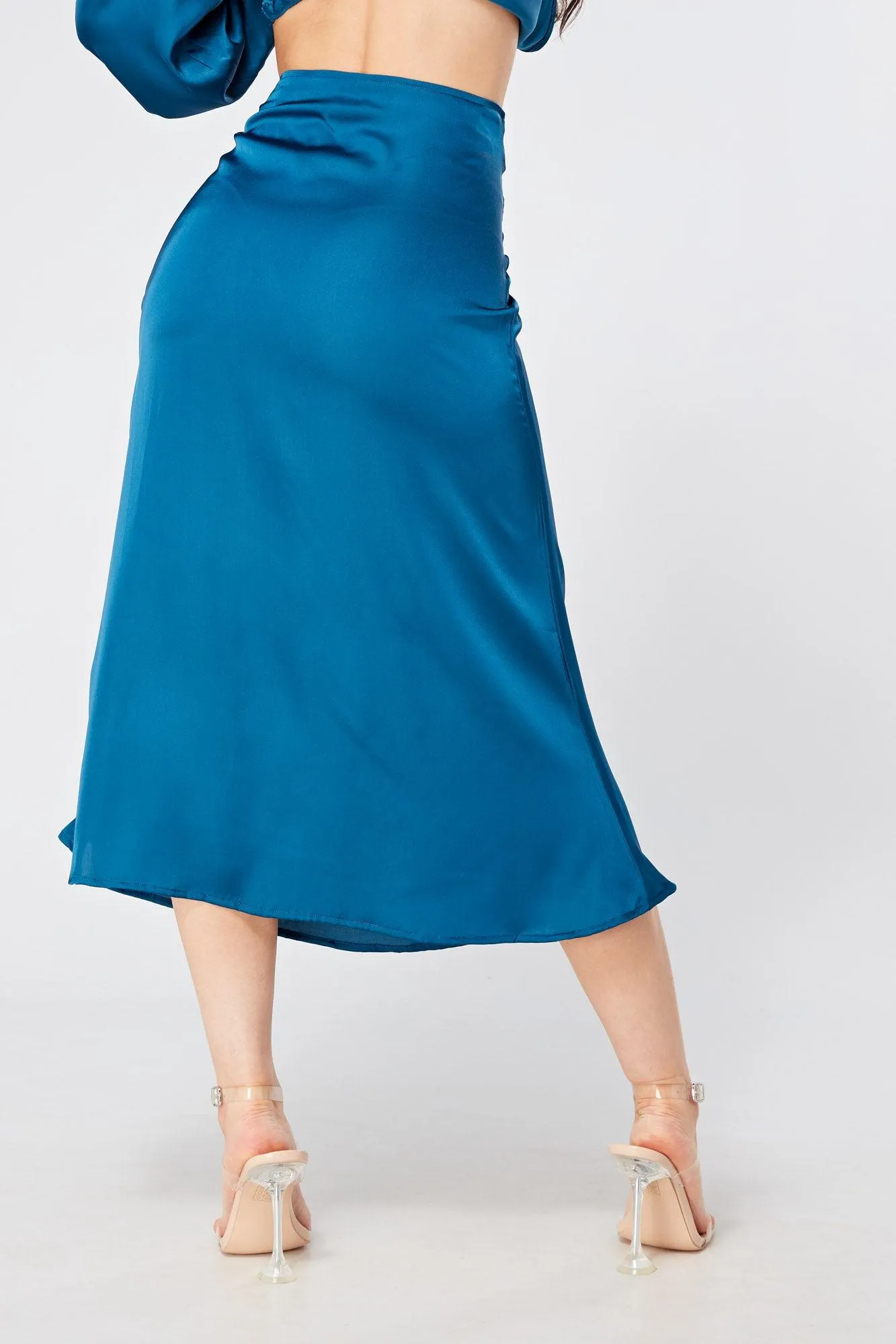 Elisa Blue Satin Flare Midi Skirt