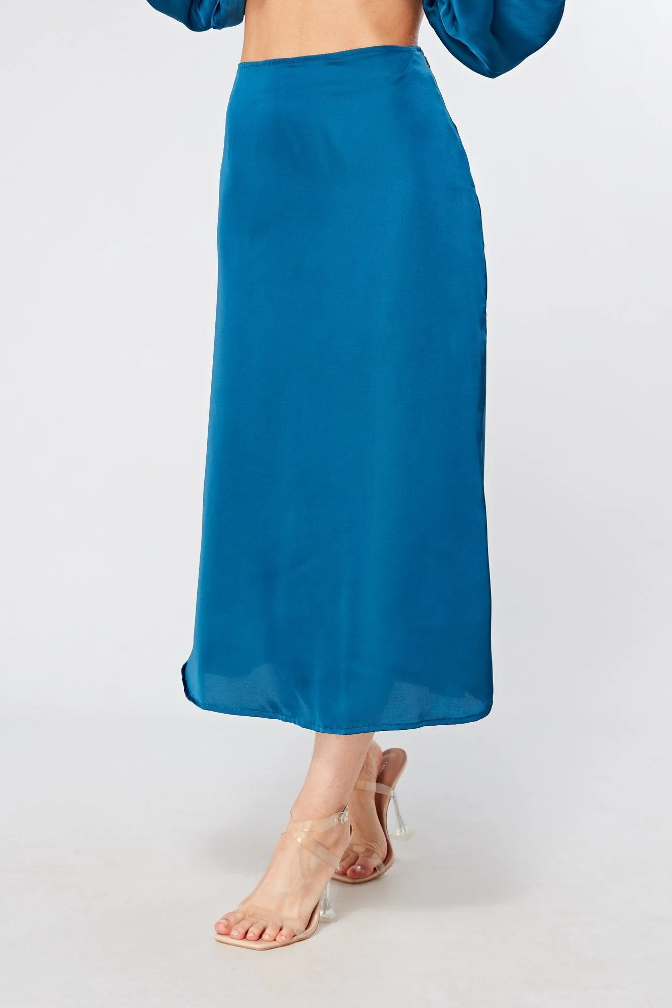 Elisa Blue Satin Flare Midi Skirt