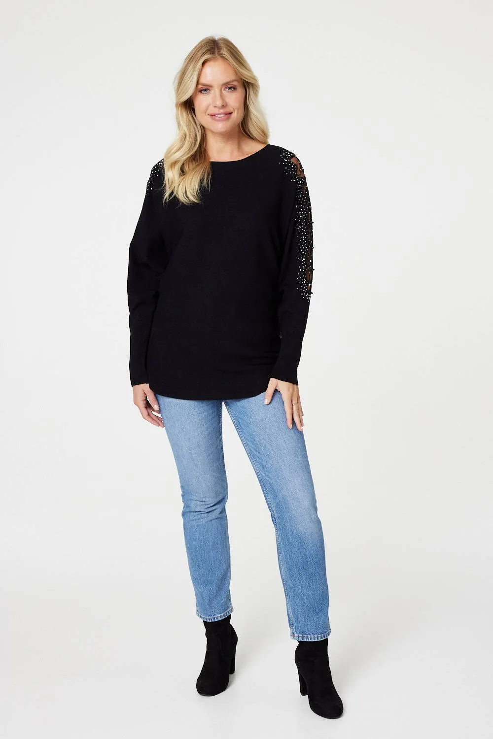 Embellished Boat Neck Knit Top