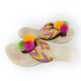 Green Caribbean Sunset Flip-Flops | Summer Pom Pom Sandals