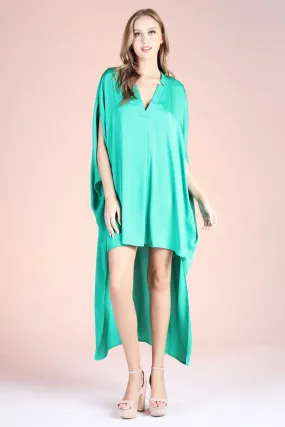 Green Washed Poly Silk Notched High Low Caftan Dress