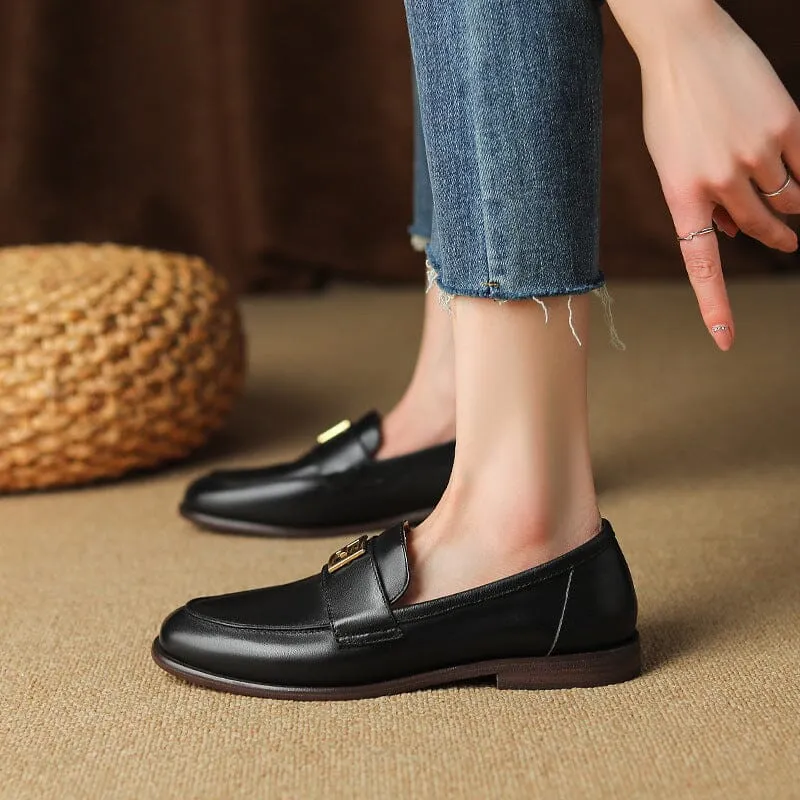 Handmade Retro Waxing Leather Loafers for Women with Metal in Brown/Black US5 to US10.5