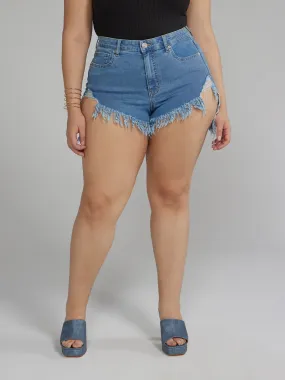 High Rise Distressed Denim Shorts with Hi-Lo Hem