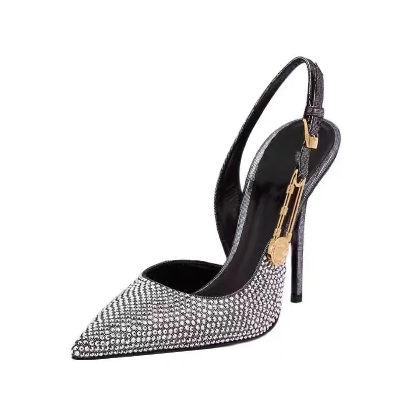 Hnzxzm Luxury Rhinestones Sequined Buckle Women Pumps Elegant Pointed toe Slingbacks Stiletto High heels Spring Summer Fashion Shoes