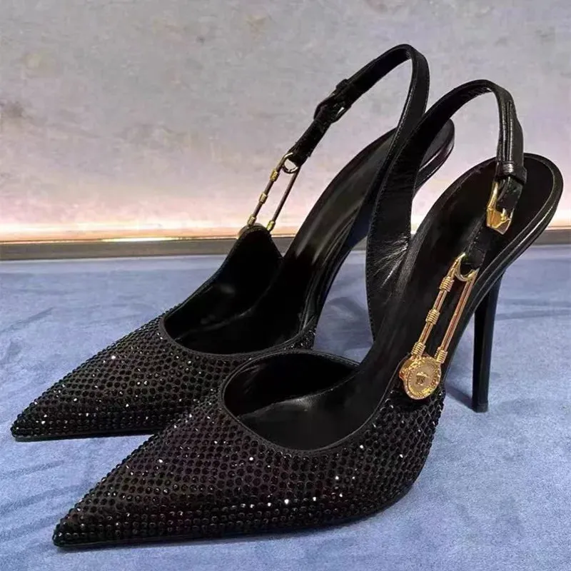 Hnzxzm Luxury Rhinestones Sequined Buckle Women Pumps Elegant Pointed toe Slingbacks Stiletto High heels Spring Summer Fashion Shoes