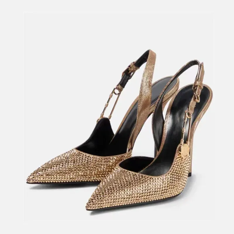 Hnzxzm Luxury Rhinestones Sequined Buckle Women Pumps Elegant Pointed toe Slingbacks Stiletto High heels Spring Summer Fashion Shoes