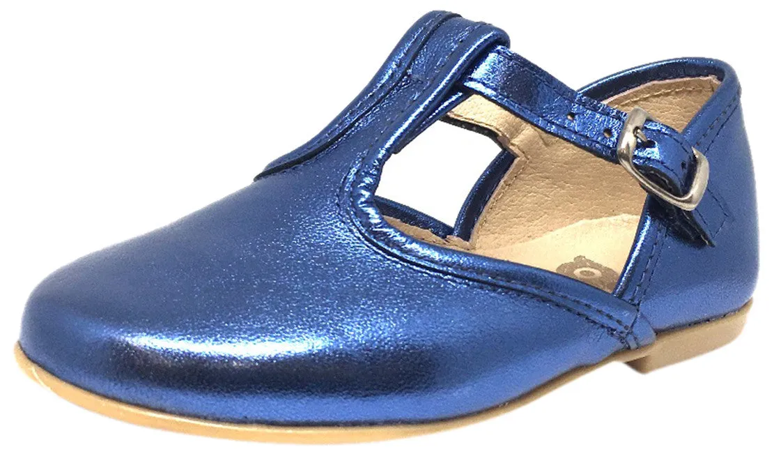 Hoo Shoes Chloe's Bright Cobalt Blue Metallic T-Strap Adjustable Buckle Mary Jane Flats