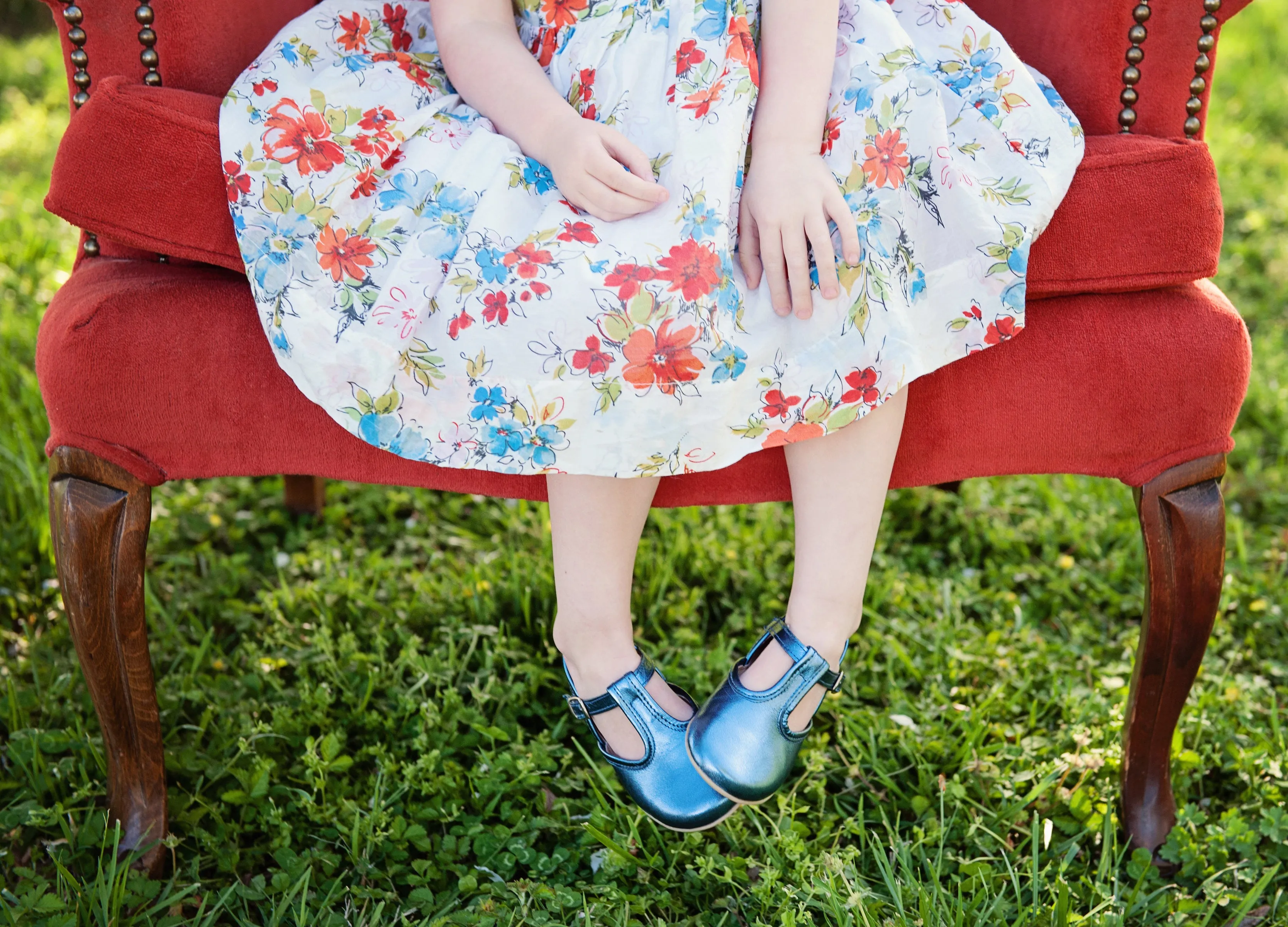 Hoo Shoes Chloe's Bright Cobalt Blue Metallic T-Strap Adjustable Buckle Mary Jane Flats