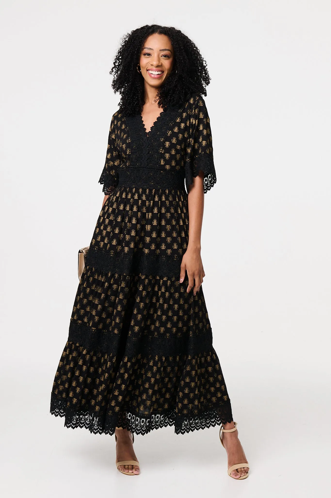 Lace Semi Sheer Flare 3/4 Sleeve Maxi Dress