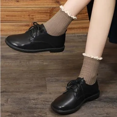 Leather Casual Loafers Lace Up Flats Shoes For Women