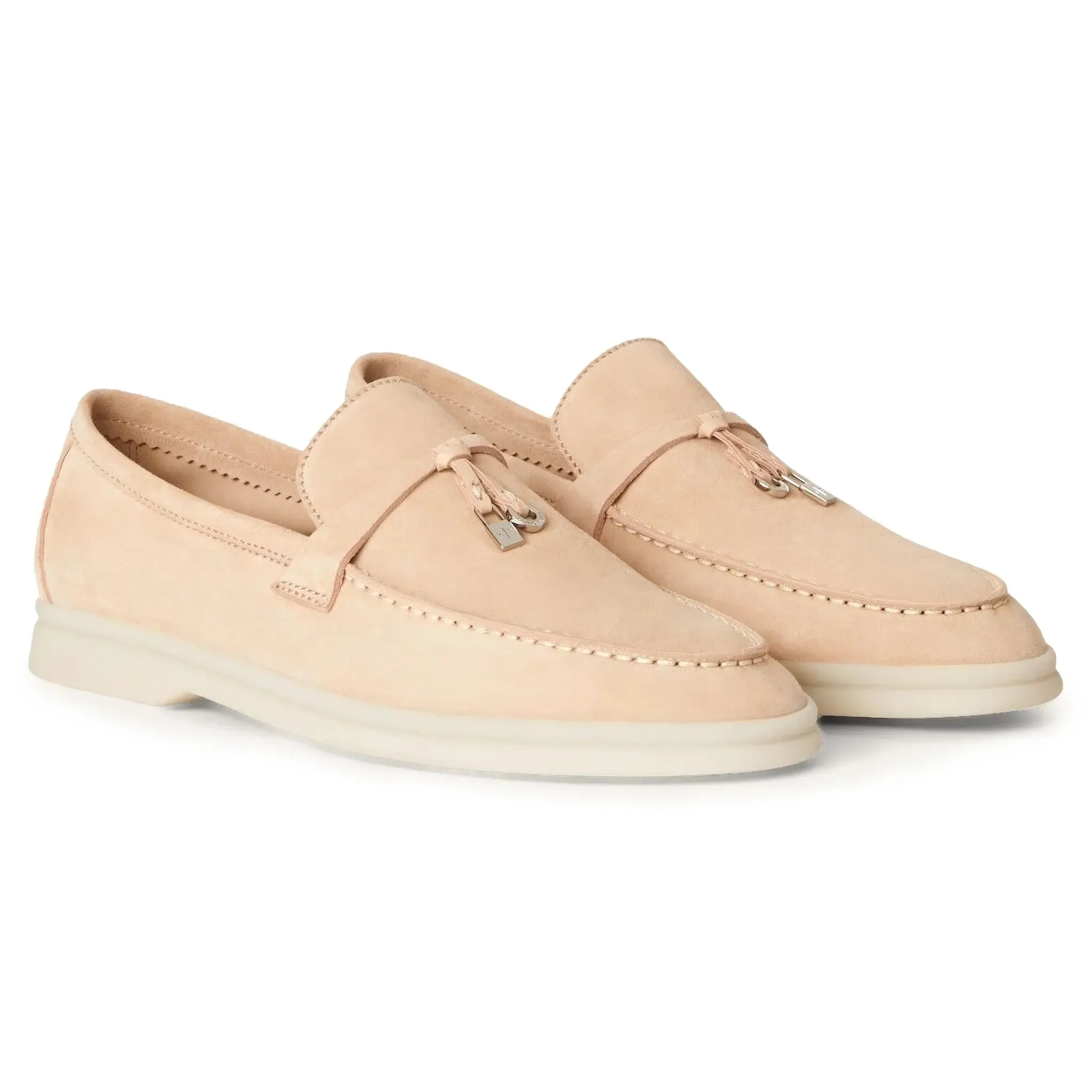 Loro Piana Summer Charms Walk Suede Goatskin Pink Sand Loafers