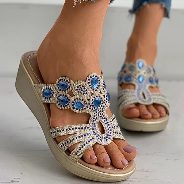 Lydiashoes Rhinestone Cutout Peep Toe Wedge Sandals