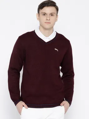 Men Maroon and Navy Blue Colourblocked Pullover