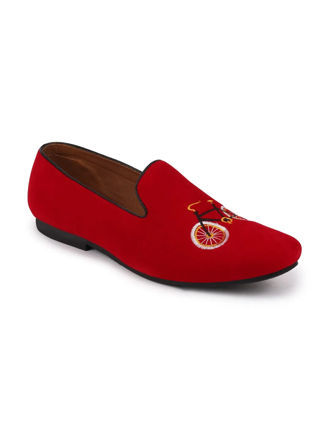 Men Red Velvet Embroidery Print Slip On Party Loafers