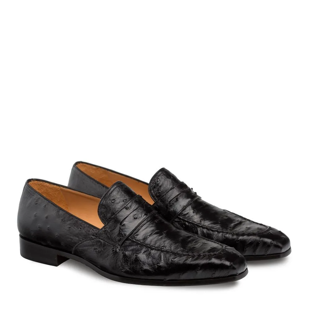 Mezlan Lisbon Men's Designer Shoes Black Ostrich Loafers 4561-S (MZ3128)