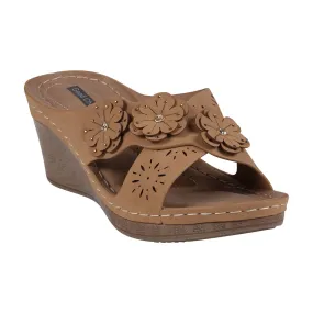 Miller Tan Cross Strap Floral Wedge Sandals