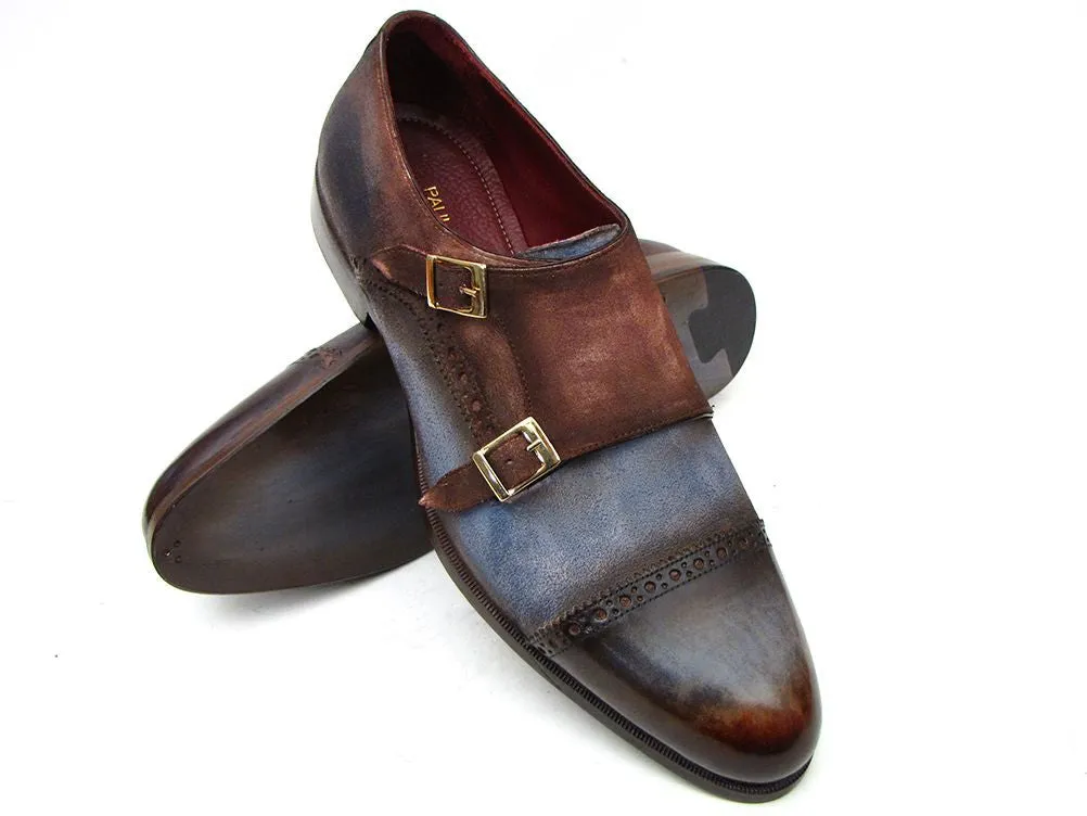 Paul Parkman Men's Captoe Double Monkstrap Antique Blue & Brown Suede