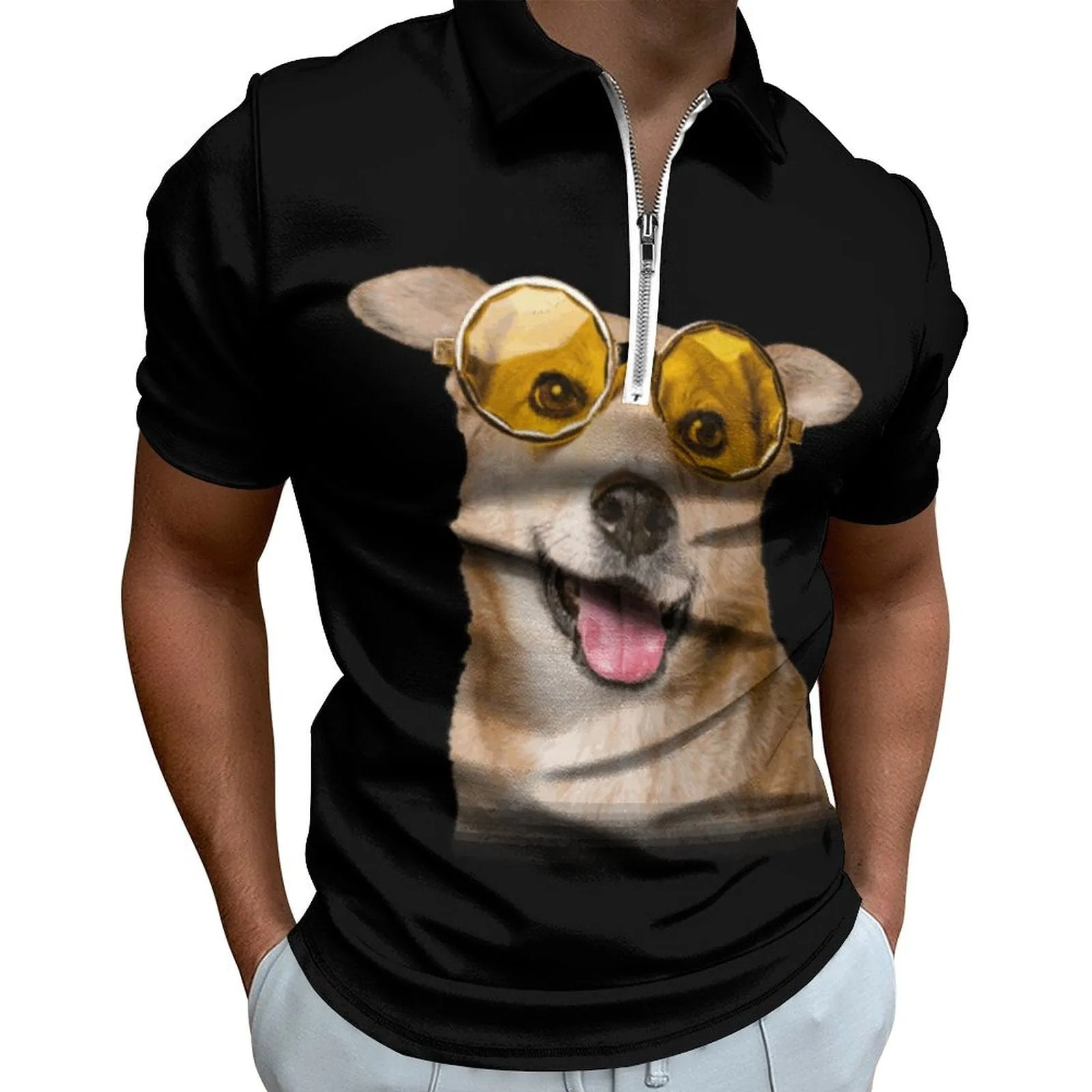 #Plus-Size Custom Face Pet Glasses Dog Men's Short Sleeve Polo Shirt Personalized Zipper All Over Print Golf Shirt