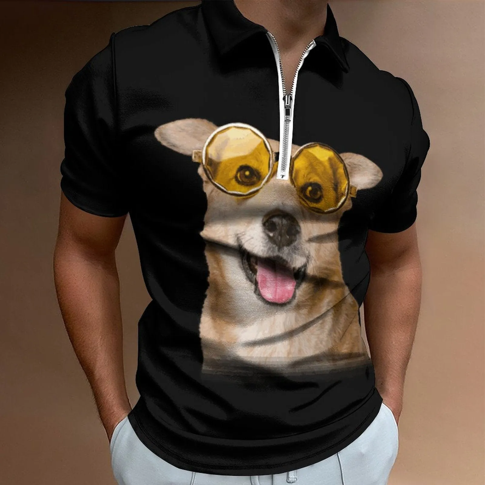 #Plus-Size Custom Face Pet Glasses Dog Men's Short Sleeve Polo Shirt Personalized Zipper All Over Print Golf Shirt