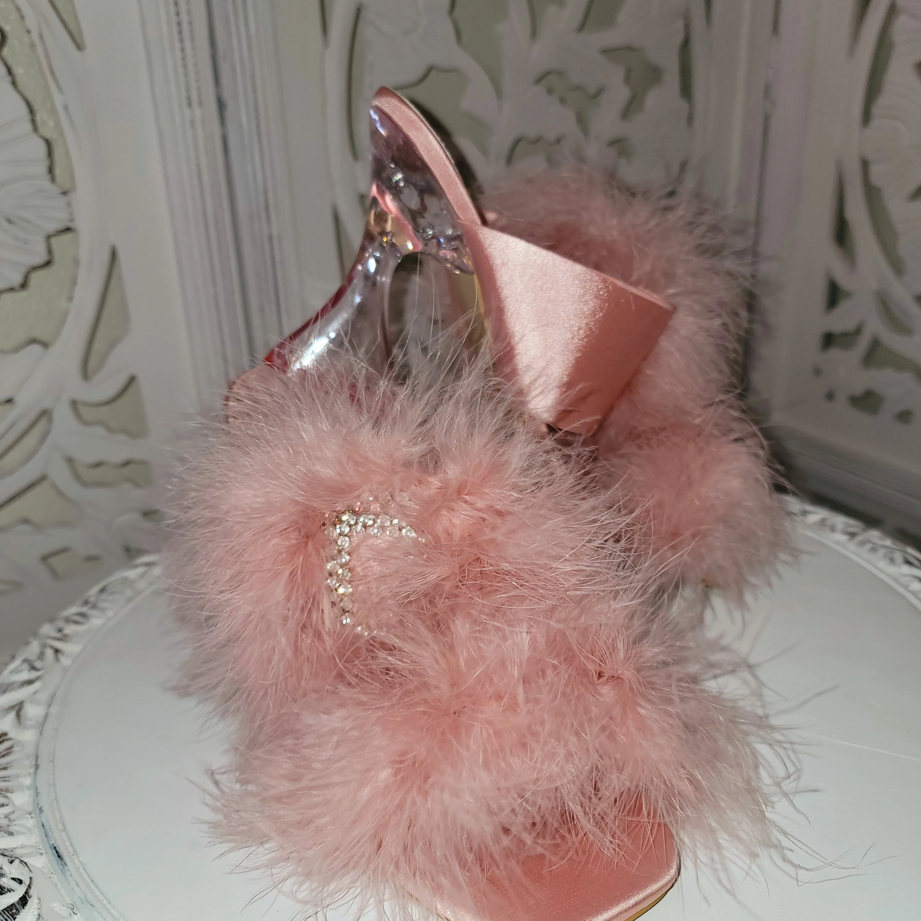 "LADY HELENA" Blush Feather Crystal Satin Clear Heel Mules