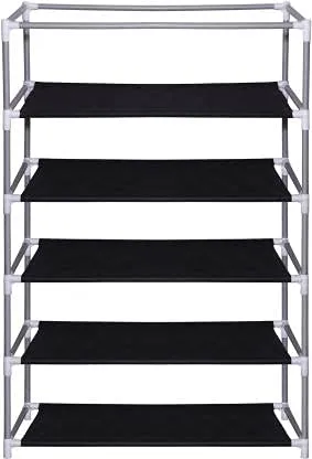 RAXON WORLD® Multipurpose 5 Layers Collapsible Shoe Rack with Non-Woven Fabric Cover, Portable Wardrobe for Clothes and Shoe at Home & Office (Black, Metal)