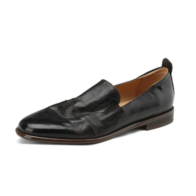 Retro Solid Genuine Leather Flat Loafers