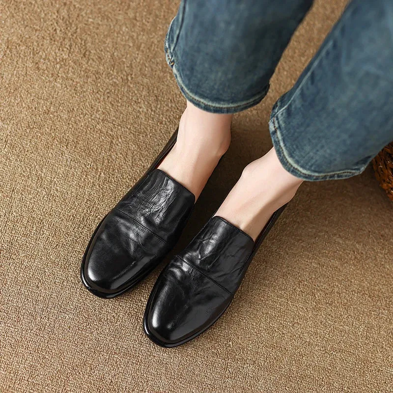 Retro Solid Genuine Leather Flat Loafers