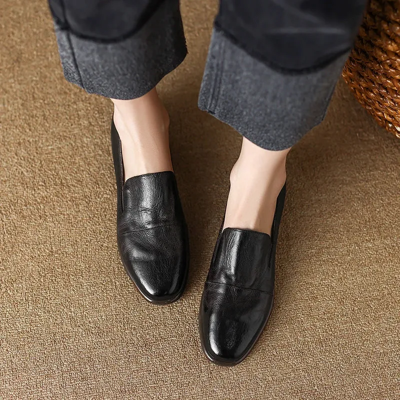 Retro Solid Genuine Leather Flat Loafers